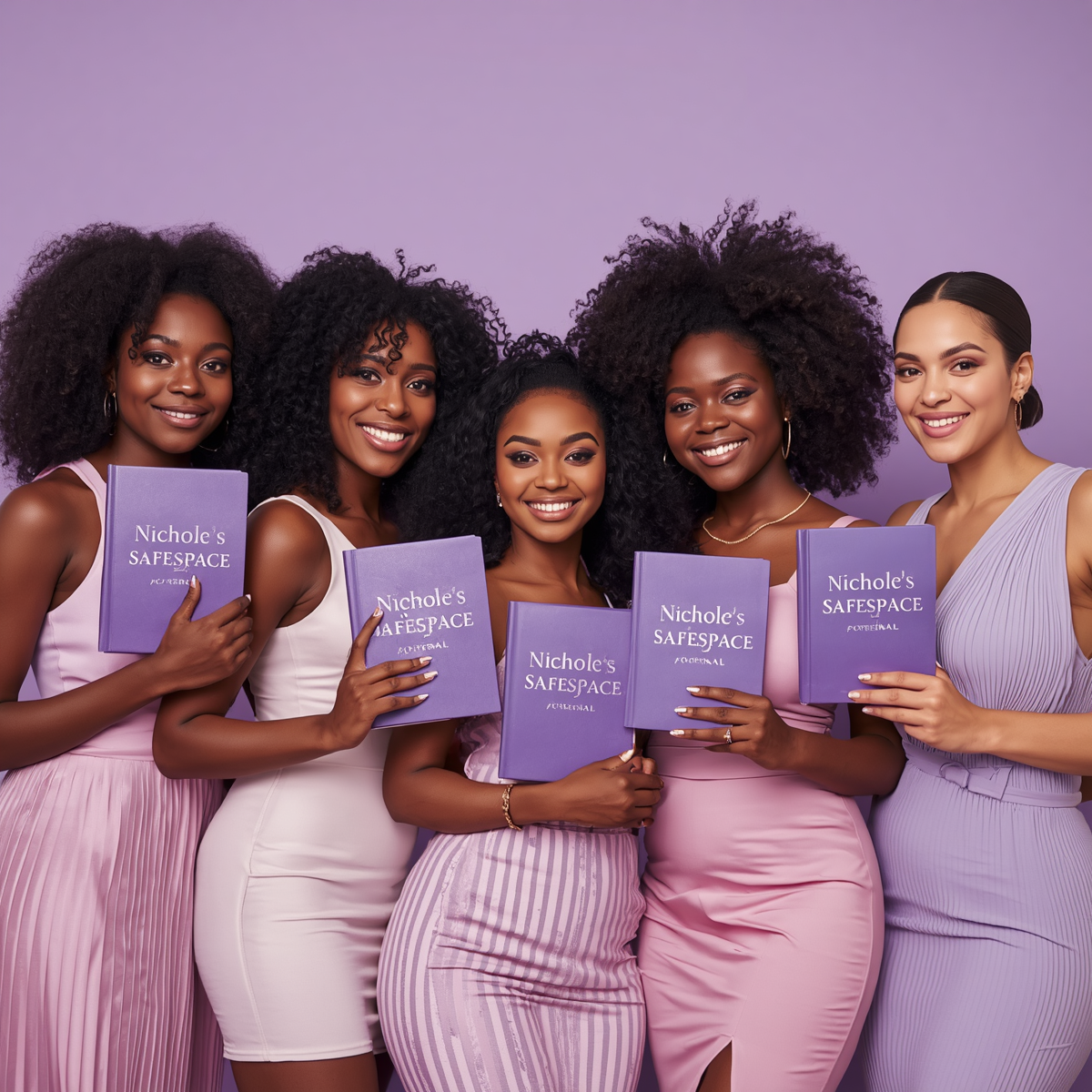 Five women holding books titled 'Nichole's SAFESPACE' against a purple background